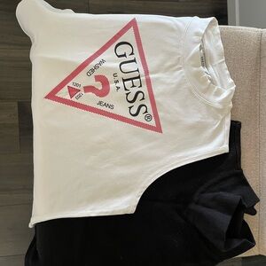 Guess White Top with red  Logo and Calvin Klein sweater.